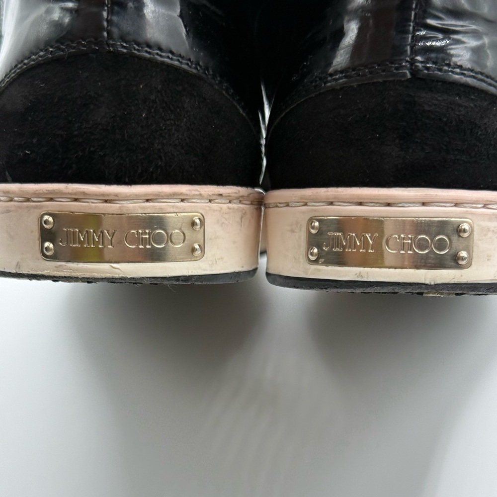 Jimmy Choo Black Suede & Patent Leather High-Top Sneakers Gold Eyelets Size 35.5 - Picture 7 of 16